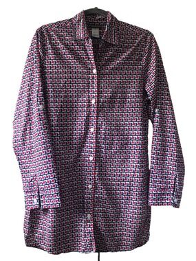 Tommy Bahama Women's Tunic Top Large Geometric Print Roll Tab Sleeve Button Up